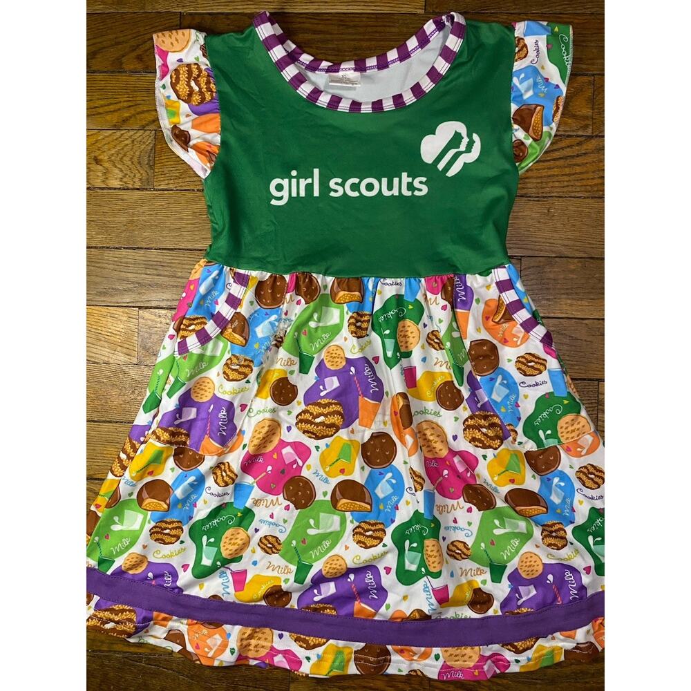 Girl Scouts Cookies & Milk Dress Girls Size 5/6 Colorful Cookie Booth Theme